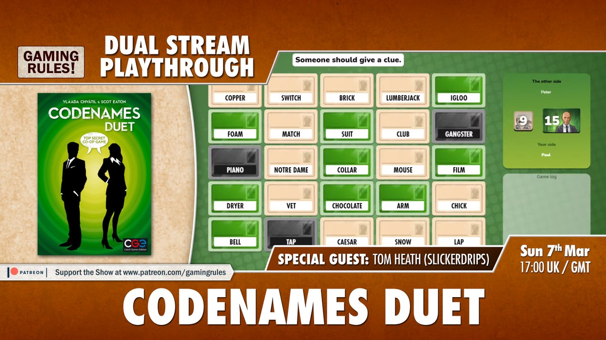 Live in 30 mins. Episode 2 of my dual-stream series of Codenames Duet. This time with @slicker_drips youtu.be/3UZx4Z0p-YU Watch Tom's stream here: youtu.be/DTSF3Knvhhw