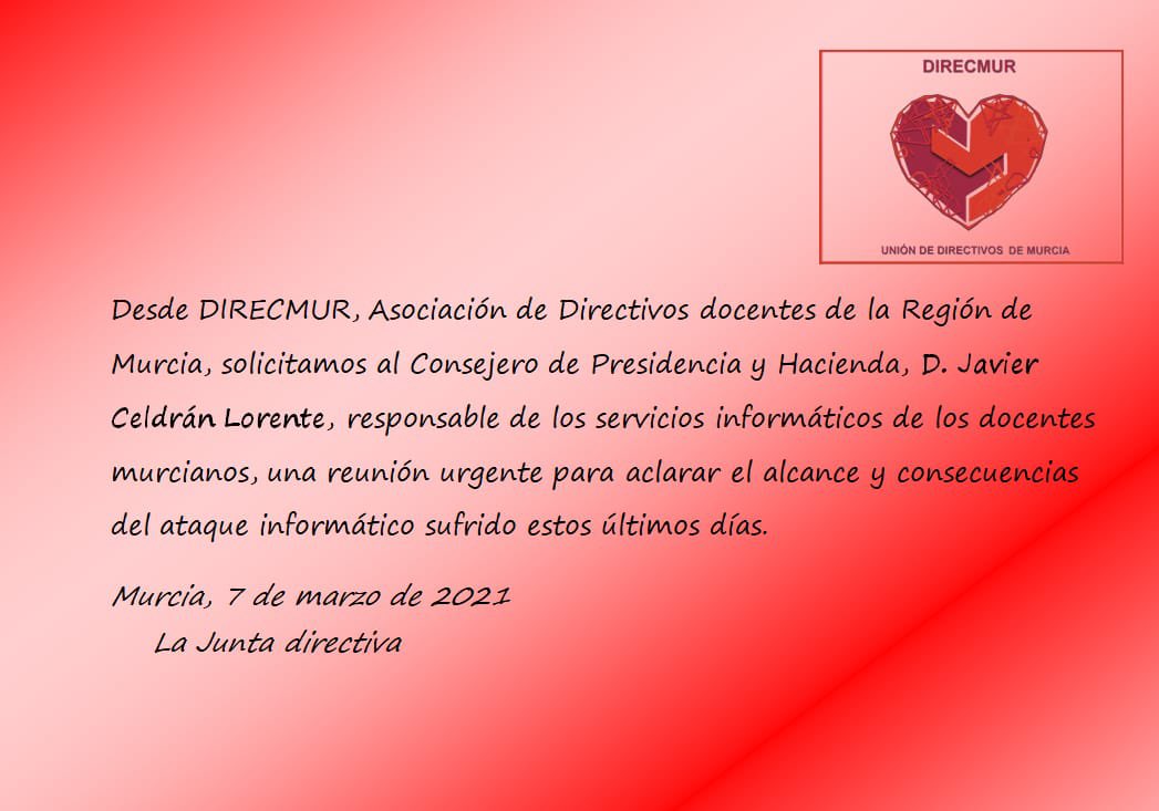 direcmur's tweet photo. Desde Direcmur, solicitamos una reunión urgente con @jacello como responsable del servicio informático,para que nos explique las consecuencias del ataque en nuestras cuentas. https://t.co/M9DF3GetJq