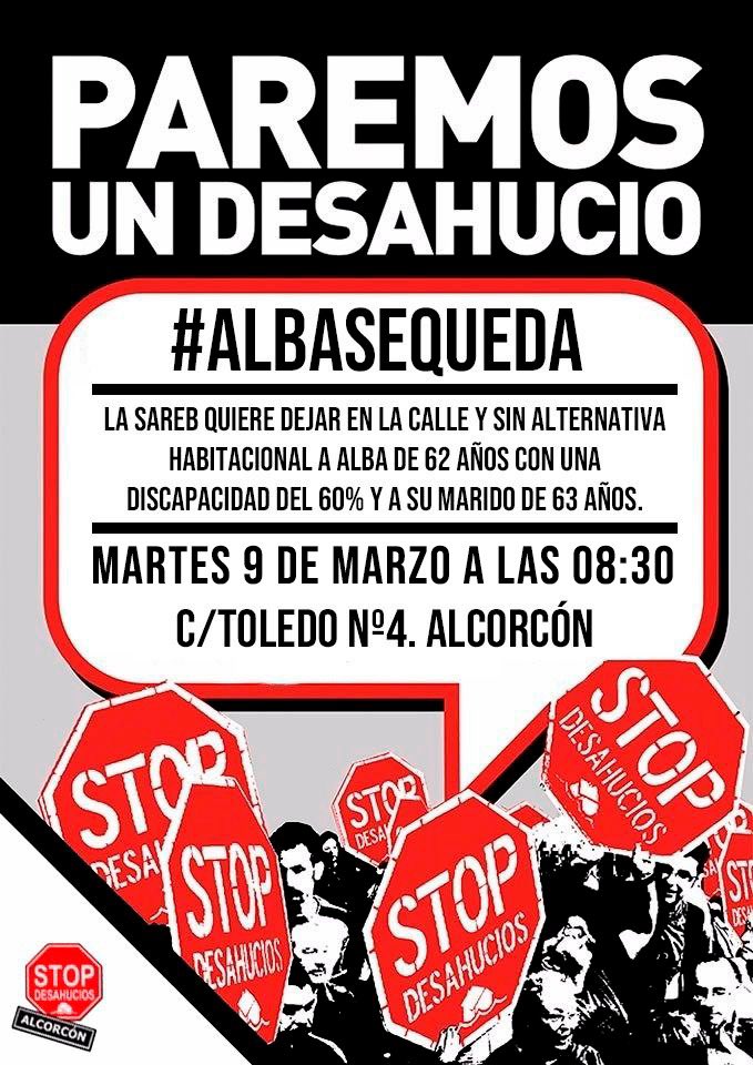 AteneoAlkorcon's tweet photo. Que lastima que el deshaucio de #AlbaSeQueda sea el martes 9, si fuera mañana #8M igual lo prohibian.
A las 08:30 en Calle Toledo, 4 #Alcorcón https://t.co/CH4dHgtBjQ