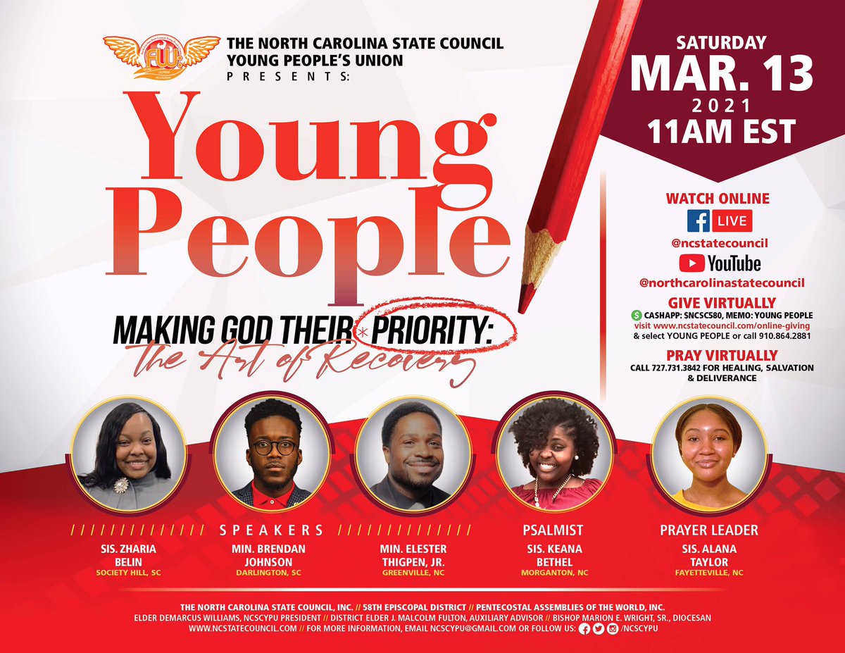 NCSCYPU's tweet photo. PRAISE THE LORD EVERYBODY!

This month is the virtual council for our Winter Session. Starting on March 11th &amp; ending on March 13th.

Tune in on Saturday March 13th @ 11am EST to hear a Word from our very own youth! #NCSCYPU #IPYPU #PAWInc @belinchick @hells4losers @BethelKeana https://t.co/3VxPbL8HKL