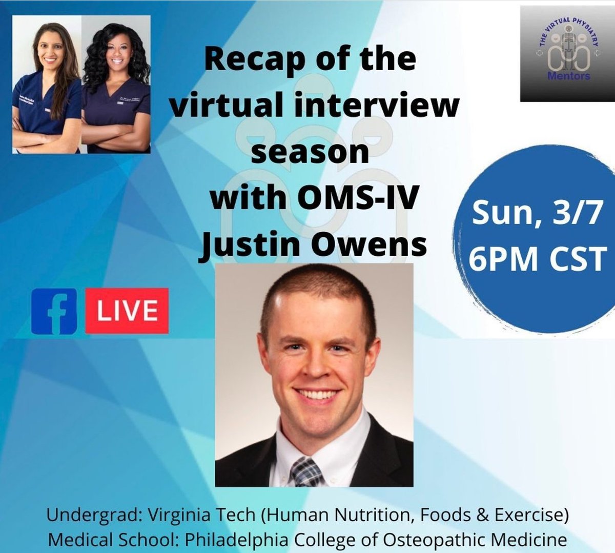 sheenabhuvaMD's tweet photo. Join @BWilliamsDO and me when we host @Justin_OwensBSN today on The Virtual #Physiatry Mentors FB Live at 6 pm cst. We'll be recapping the PM&amp;R residency interview season. Good tidbits in this one! @FoamPMR #rehabmed #mentorship #MatchDay2021 https://t.co/MbI5hNPjsr