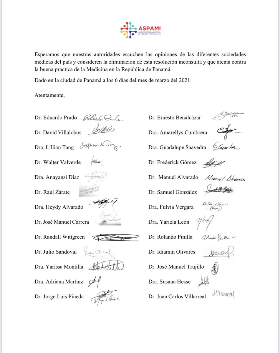 AspamiPTY's tweet photo. Nuestra posición como asociación de médicos intensivistas en relación con resolución #1 del 3 de marzo de 2021, publicada en La Gaceta Oficial. @tvnnoticias @AlvaroAlvaradoC @sabribacal @presidenciapma @CSSPanama @MINSAPma @UniversidadPma @UNIVERSIDAD_PMA https://t.co/0L5rhkboRL