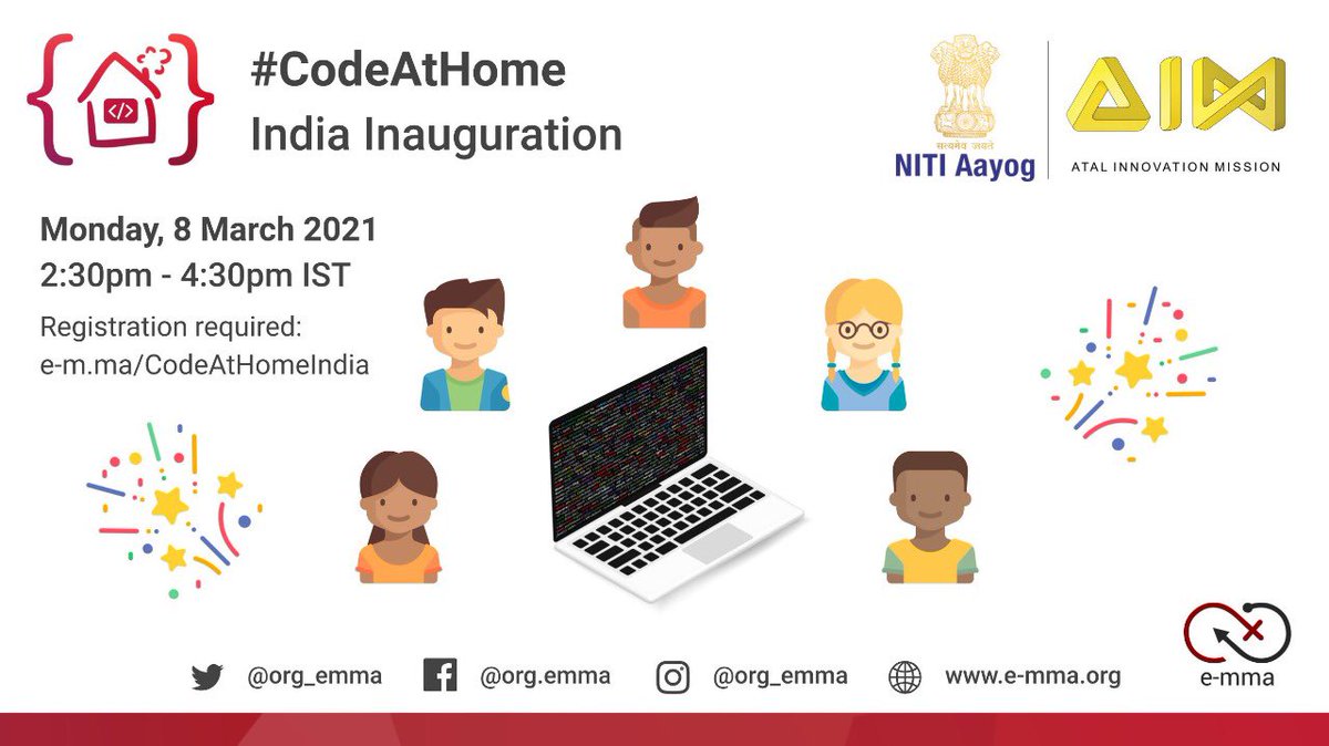 AIMtoInnovate's tweet image. We are happy to announce the launch of #CodeAtHome initiative on the eve of #WomensDay!
An opportunity for kids & teens to participate in free online coding workshops held weekly.👨💻
Join us for the launch👇
⏰: Tomorrow, 2:30pm 
Register, here: e-m.ma/CodeAtHomeIndia