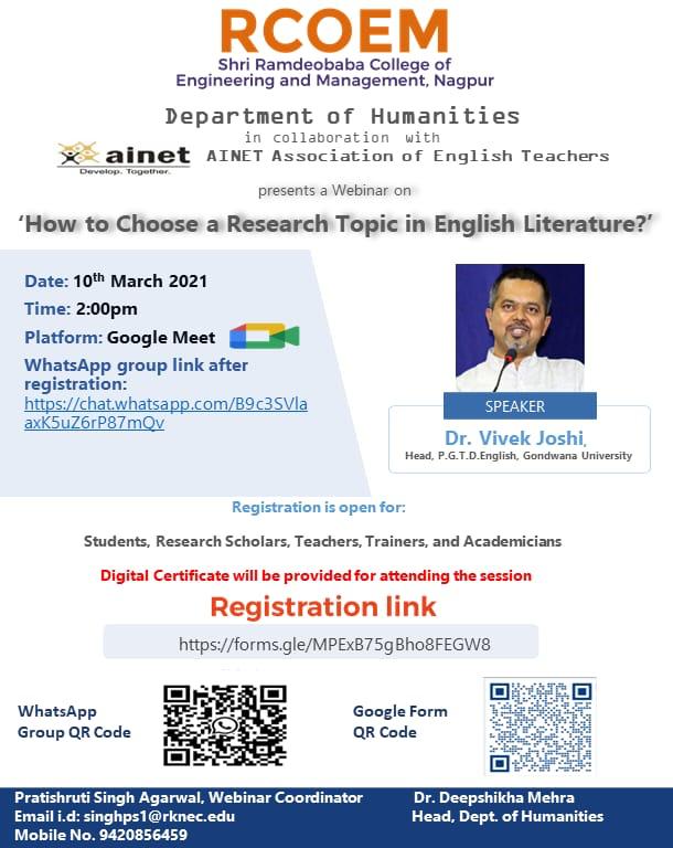 ainetindia's tweet photo. RCOEM College, Dept of Humanities  and AINET Association of English Teachers
present Webinar
'How to Choose a Research Topic in English Literature?'

Speaker
Dr. Vivek Joshi
Head, PGTD English, Gondwana University

10/03/2021
2 PM IST

Registration Link: https://t.co/HdSSTWxYyO https://t.co/i3WM67dJ6u