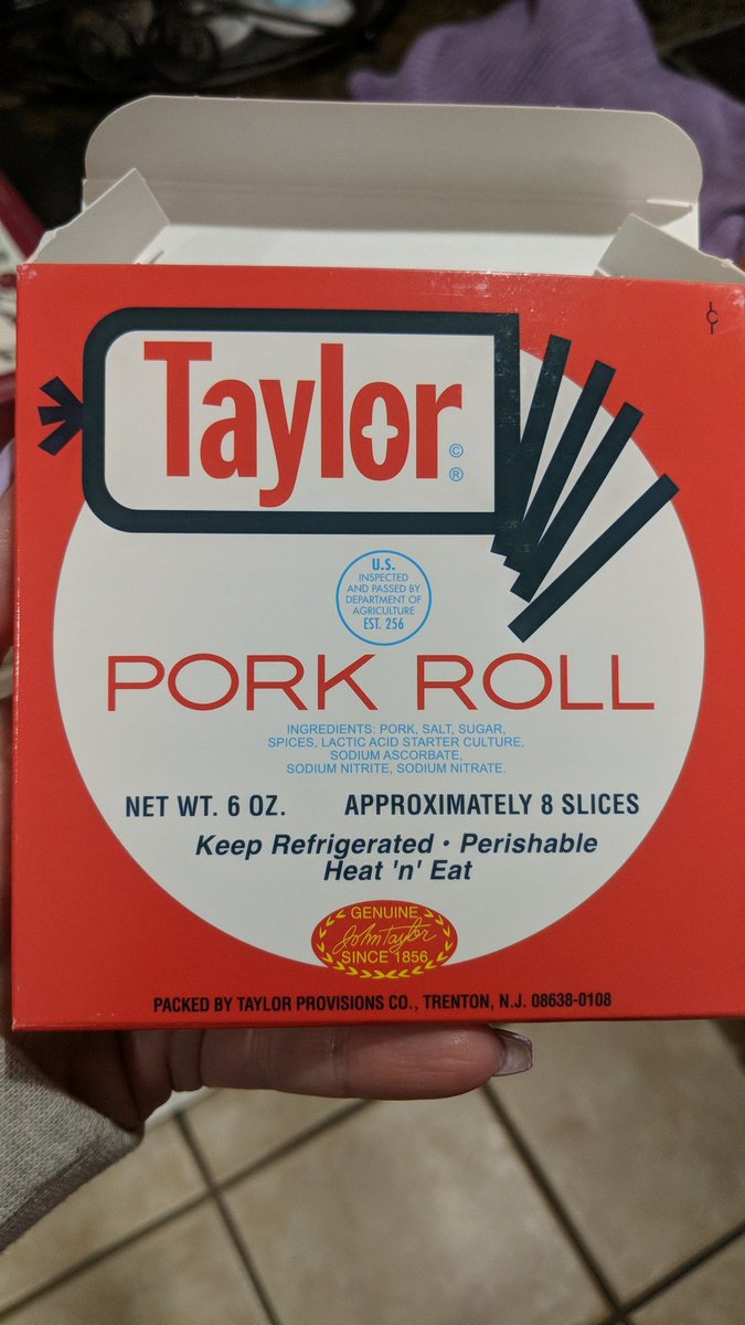 AllieSteinbach's tweet photo. PLEASE again explain to my why people think this is "taylor ham"?! THE BOX SAYS PORK ROLL https://t.co/qhPLFByD20