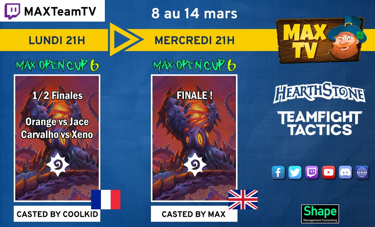 MAXTeamEsport's tweet photo. 📅 #Calendrier #MAXTV
▶️ Tomorrow at 9PM 2 insane matches for the 1/2 finals of the #MAXOpenCup6!
@HS_Orange/@Jace_hs
@MasQueCarvalho/@Xeno_HS
▶️ Wednesday at 9PM the final + the group draw for the #MAXLeagueOfNations.
#HearthStone #AnimatingEsport
https://t.co/GyyiV1bx7N https://t.co/zKzGR53HS0