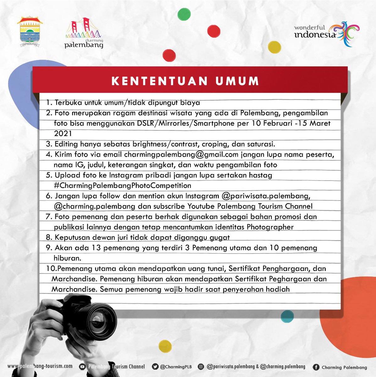 CharmingPLB's tweet photo. Dinas Pariwisata Kota Palembang mengajak seluruh pecinta fotografi dan pariwisata untuk mengabadikan beragam Pariwisata di kota Palembang melalui bidikan Kamera/Smartphone. https://t.co/qhlwuosdh0