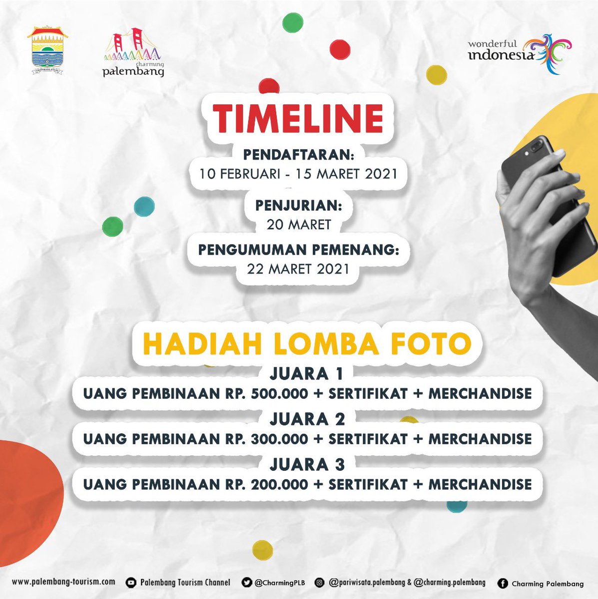 CharmingPLB's tweet photo. Yuk, ikuti Lomba Foto dengan tema “Ragam Pariwisata Palembang" Akan ada 13 pemenang di lomba foto kalo ini, Kirimkan karya terbaik kalian paling lambat tanggal 15 Maret 2021, pukul 23.59 WIB. Untuk informasi lebih lengkap, bisa langsung geser gambar di atas. https://t.co/s7NwgOfv66