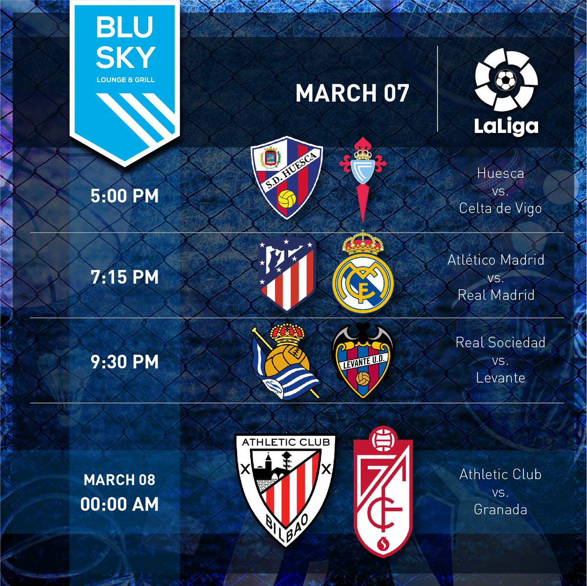 BluSkyBarAD's tweet photo. Big games happening tonight at Blu Sky.  Featuring #Liverpool vs. #Fulham at 6pm and #ManCity vs. #ManUnited at 8:30pm.  #EPL matches kickoff at 4pm and #LaLiga at 5pm.   

#football #PremierLeague #abudhabisports #SportsBar #inAbuDhabi #yoUAE https://t.co/G1rGt25fmm