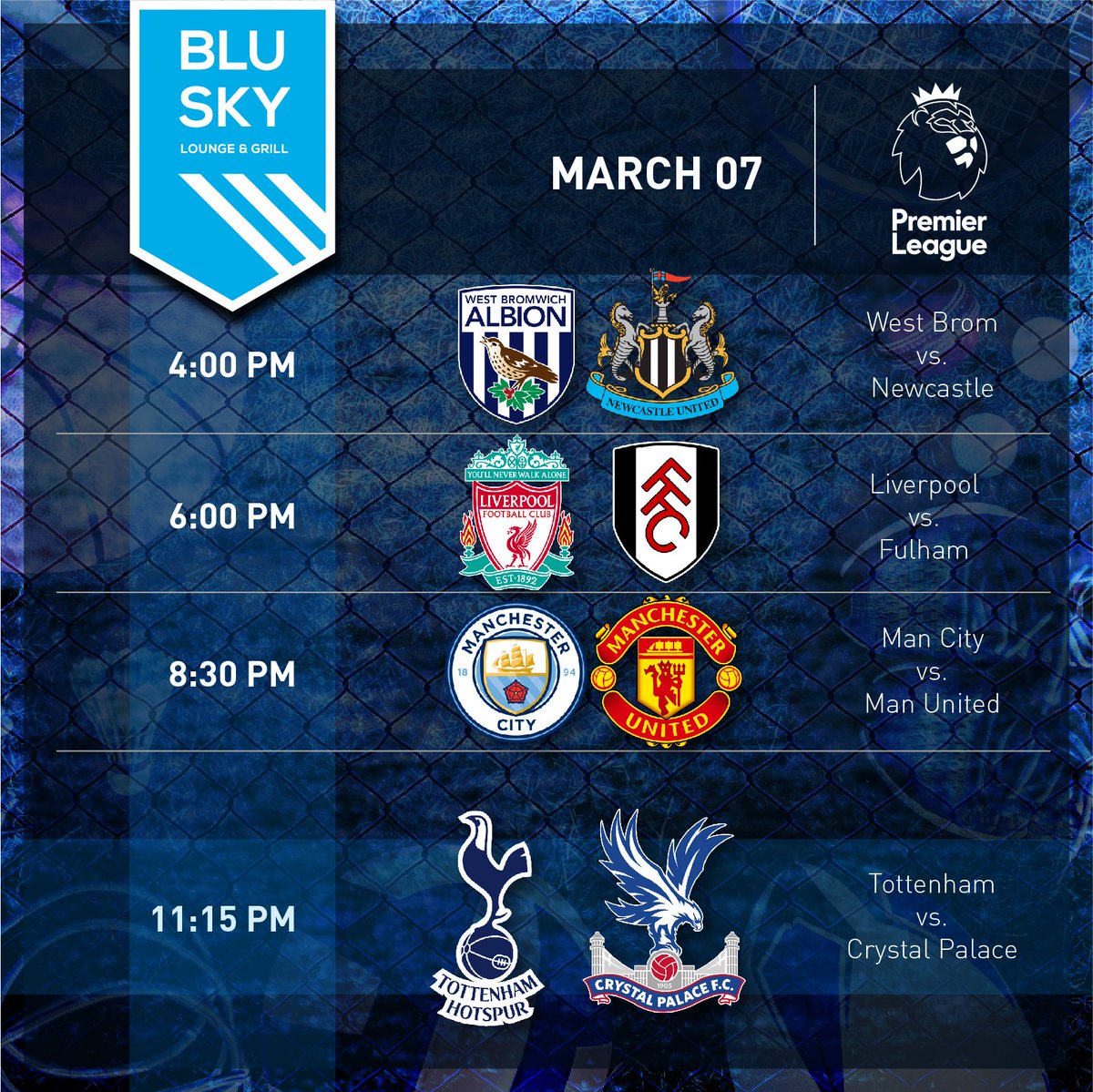 BluSkyBarAD's tweet photo. Big games happening tonight at Blu Sky.  Featuring #Liverpool vs. #Fulham at 6pm and #ManCity vs. #ManUnited at 8:30pm.  #EPL matches kickoff at 4pm and #LaLiga at 5pm.   

#football #PremierLeague #abudhabisports #SportsBar #inAbuDhabi #yoUAE https://t.co/G1rGt25fmm