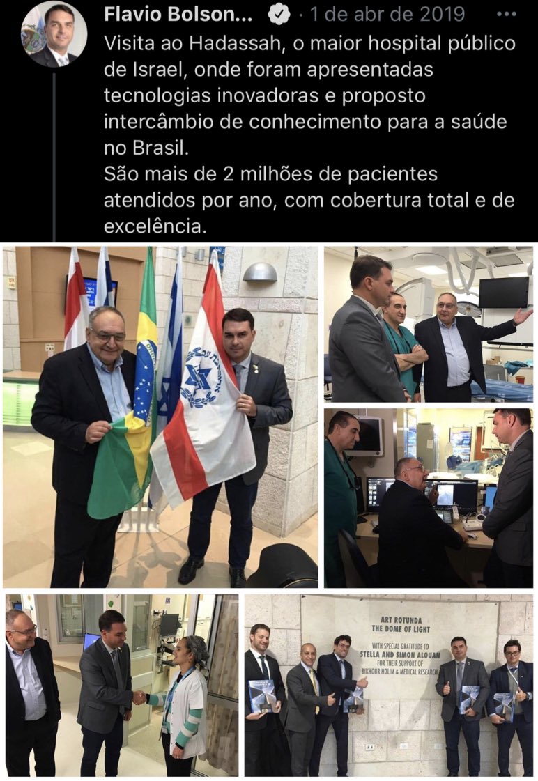 BolsonaroSP's tweet photo. Relacionamento c/ a Hadassah, que hoje desenvolve o remédio allocetra, sendo construído pelo Sen. @FlavioBolsonaro na visita presidencial de 2019 e antes disso pelos membros da comunidade judaica @fabiowoficial, Meyer Nigri e @VictorMetta.

Foto: revista Brasil e tweet do Sen. https://t.co/UK2DGawC6k