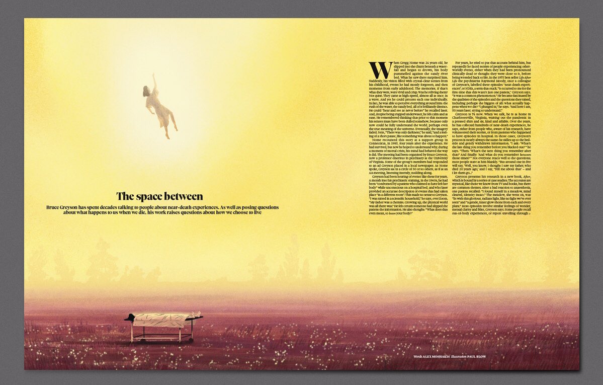 paulyblow's tweet photo. The Space Between - illustration in today’s Observer Magazine. 
Bruce Greyson has spent decades talking to people about near-death experiences. As well as posing questions about what happens to us when we die, his work raises questions about how we choose to live. https://t.co/ayW3iGWAMa
