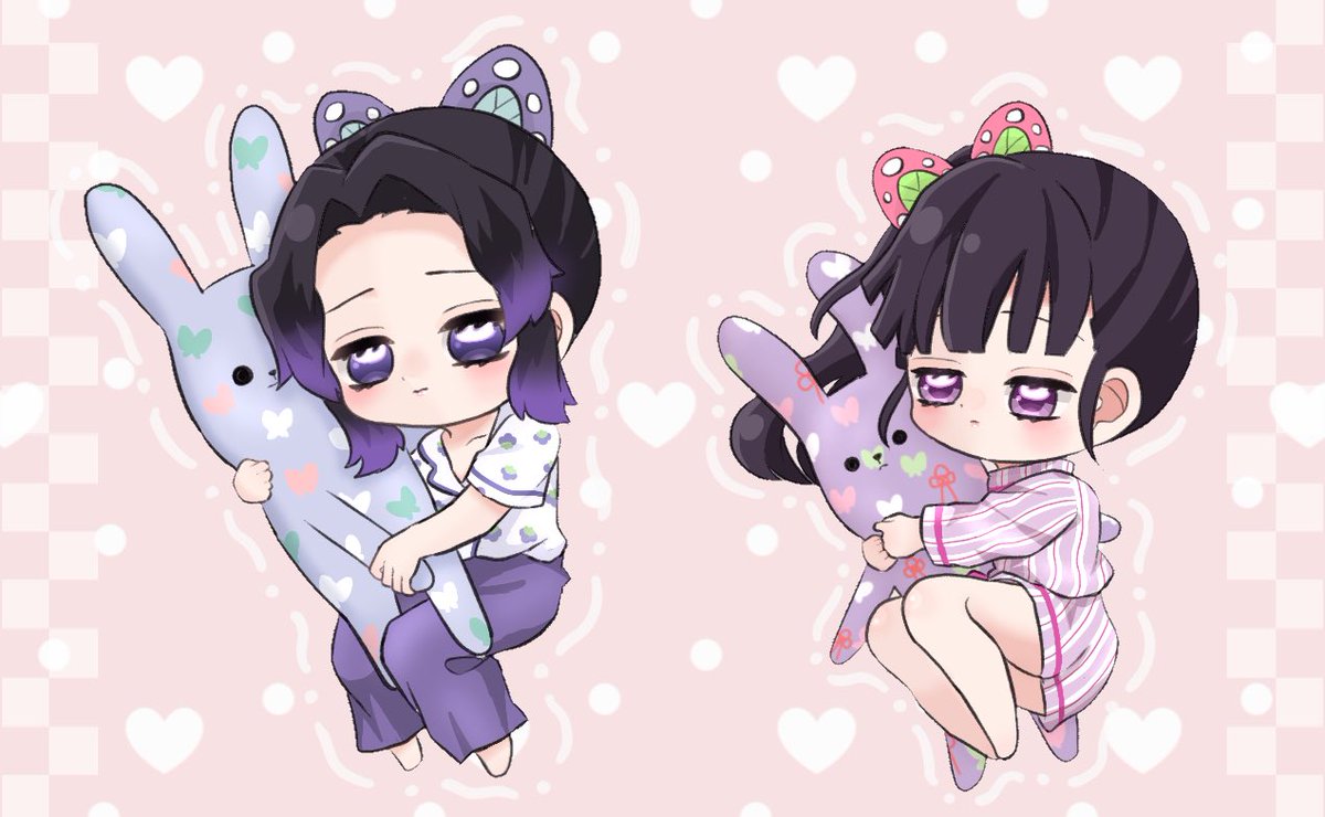 kochou shinobu ,tsuyuri kanao multiple girls 2girls hair ornament butterfly hair ornament purple eyes stuffed toy chibi  illustration images