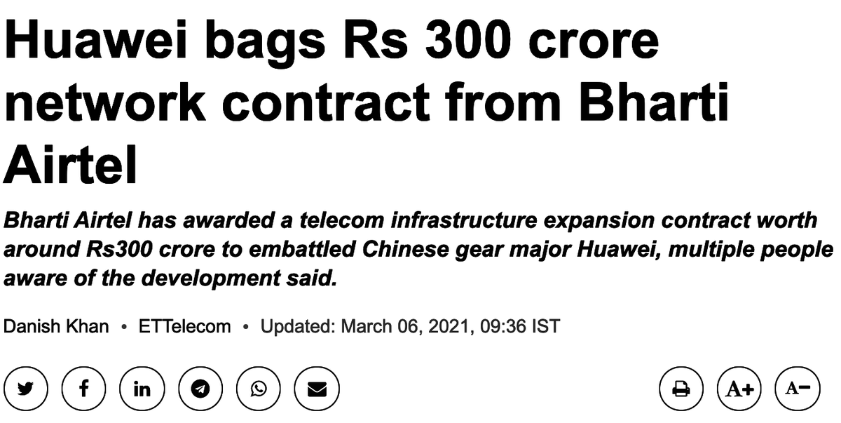 Chellaney's tweet photo. India is a major target of China's cyberwar. Huawei's foreign spying occurs through technological "backdoors" intended for use by local law enforcement. Yet India's Airtel, not content with letting Huawei run its long-distance network, hands Huawei a fresh contract for expansion. https://t.co/wJN81hvQMT