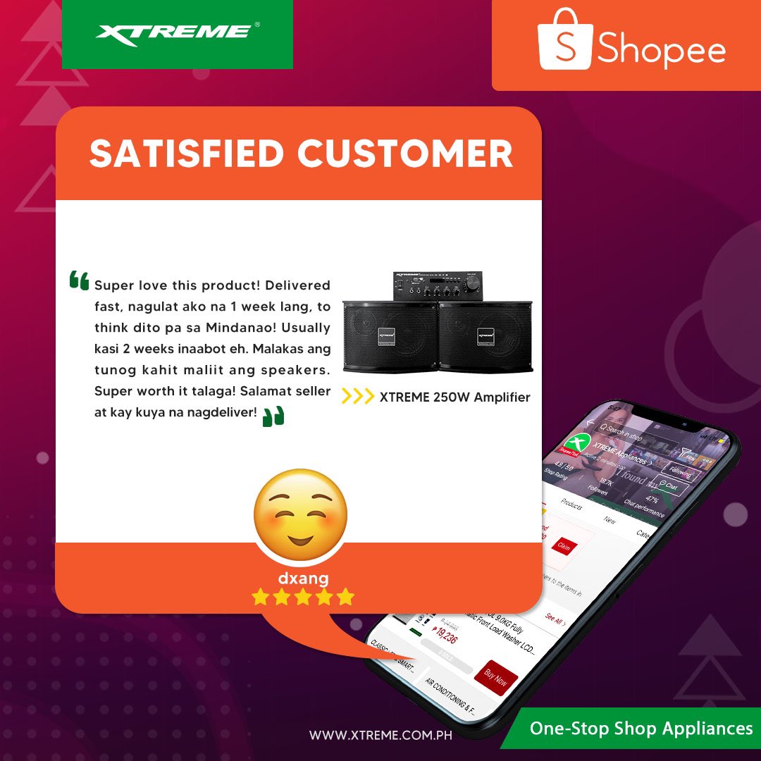 xtremeappliance's tweet photo. Happy customers make us happy too! We're grateful for your great reviews, XTREME buyers on @ShopeePH! :)
#XTREMEAppliances
#OneStopShopAppliances
#TestimonialSunday https://t.co/lWxZSkDqoi