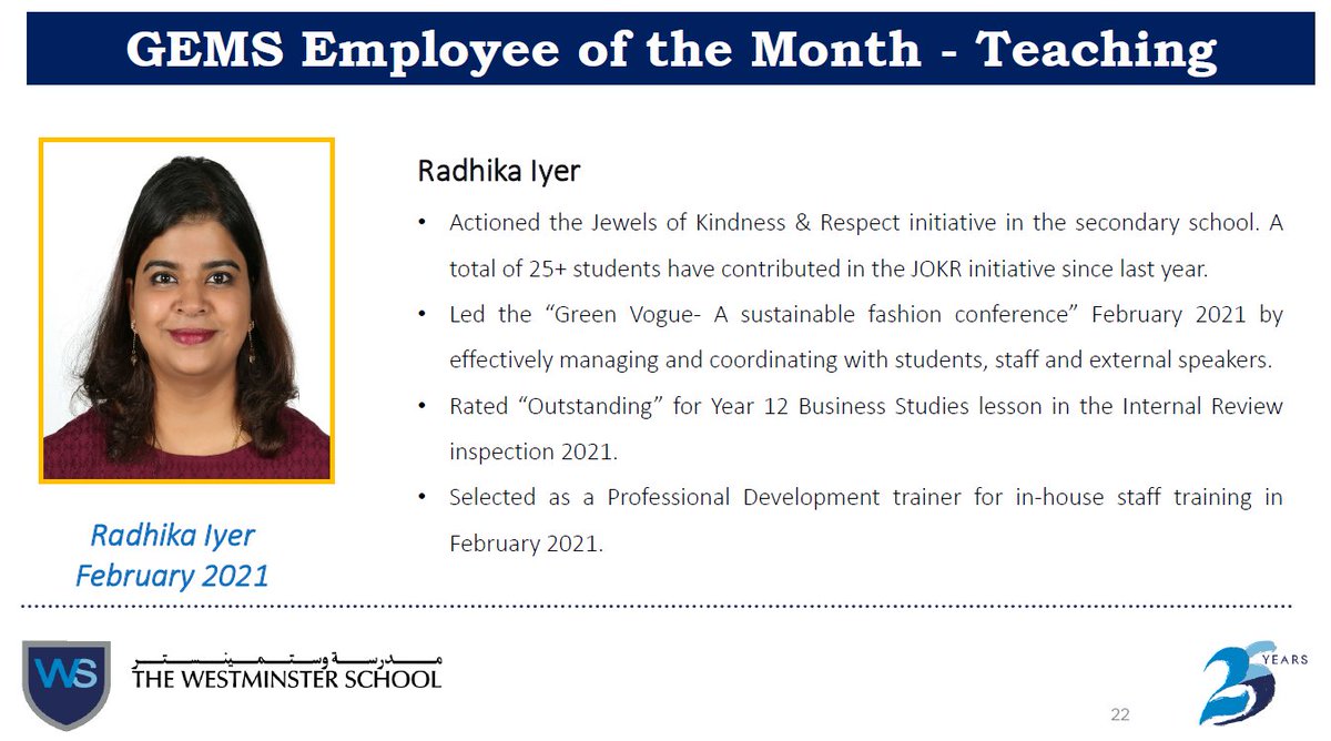 Congrats Ms Radhika - GEMS Employee of the Month-TWS, Well deserved and proud of you 👏👏👏 <a href="/official_TWS/">The Westminster School Dubai</a> <a href="/TwsVijaya/">Viji Sathyan Head of School / Deputy CEO TWS Dubai</a> <a href="/radhikamurali2/">Radhika Murali Iyer</a> <a href="/lalisaji/">Lali Saji TWS</a> <a href="/ShyniSudheer/">Shyni #MIEFellow</a> <a href="/nilambarig1/">Nilambari Gokhale</a>