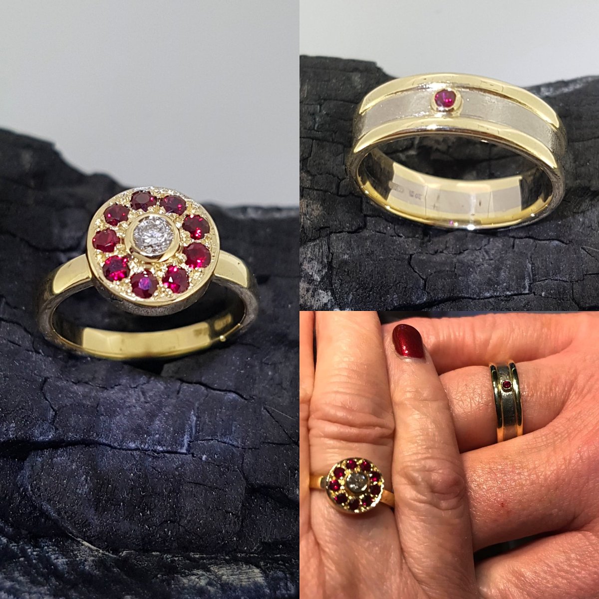 Sing it with me "Ruby, Ruby, Ruby, Rubyyyy" Sure I'm an ol' romantic at heart. 
These rings were made to compliment each other, just like the lovely couple do. I kept one ruby aside from the halo ring to use in the gents ring. Keep them connected ya know  🥰🥰🥰