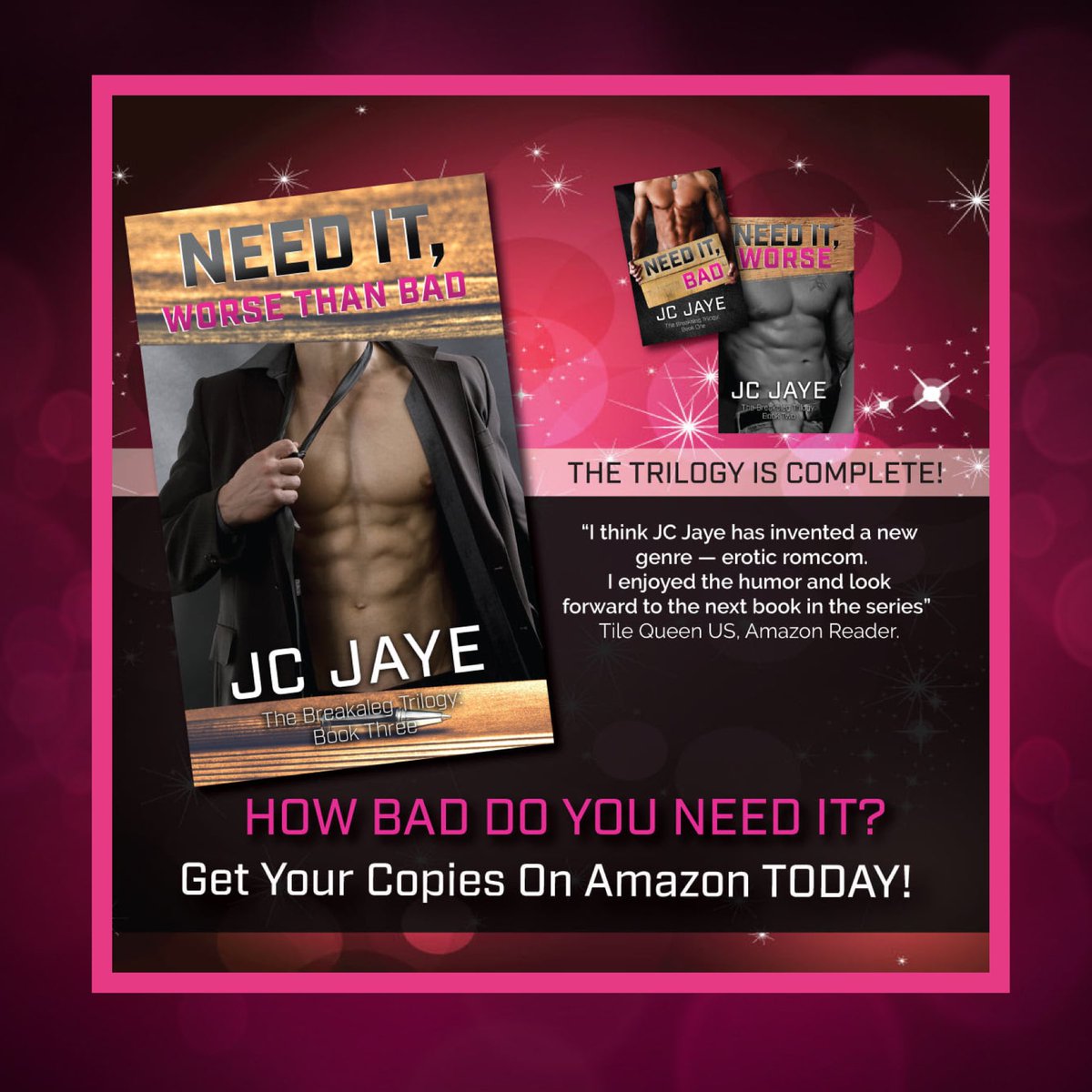 Looking for a new series to binge on? If you're into bad boys, hot sex, and lots of dirty dialogue, #JCJaye has you covered! Check out the Breakaleg Trilogy on #KindleUnlimited. bit.ly/389IyTA

@HEAPRMore #SteamyRomCom