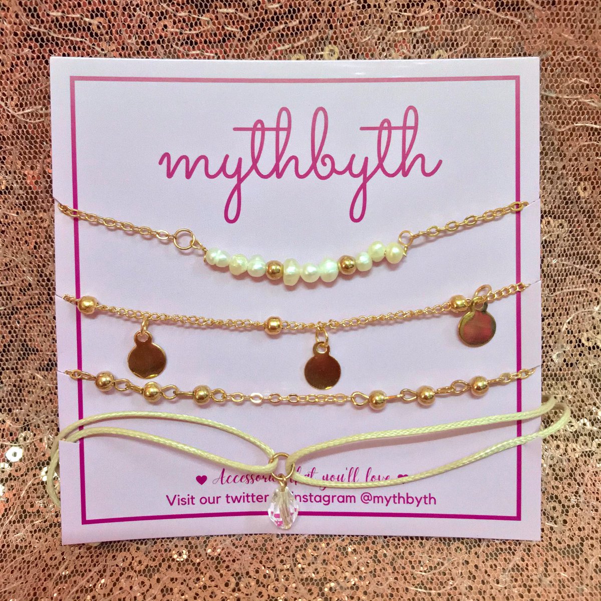 mythbyth's tweet photo. Our NEW Bracelet collection ✨

Camille bracelet set 
✨ Includes 4 different types of bracelets 
💵 Rm 10 (excluding postage)
✅ Available ready stock
💌 DM us to order

*Please note that the colour might be slightly different due to the lighting*

#mythbythbracelets https://t.co/0zjbazWgFk