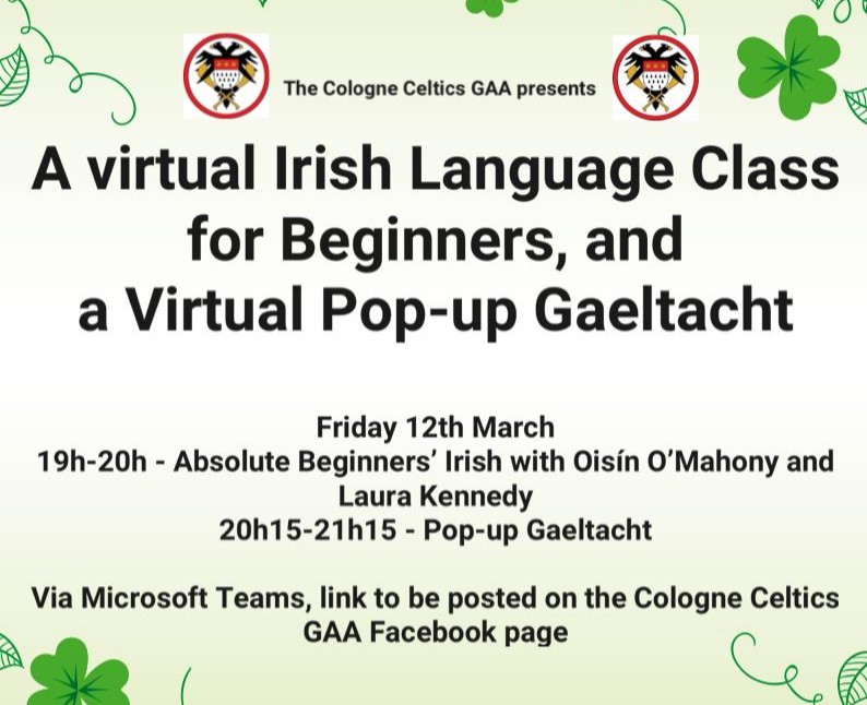 Virtual Irish Language Class & Pop-Up Gaeltacht! 
19h-20h: Oisín and Laura will be giving an introduction to Irish.

From 20h15: Pop-Up Gaeltacht where anyone with experience of speaking Irish can come and have some craic.

#irishlesson #popupgaeltacht #languageclass #learn