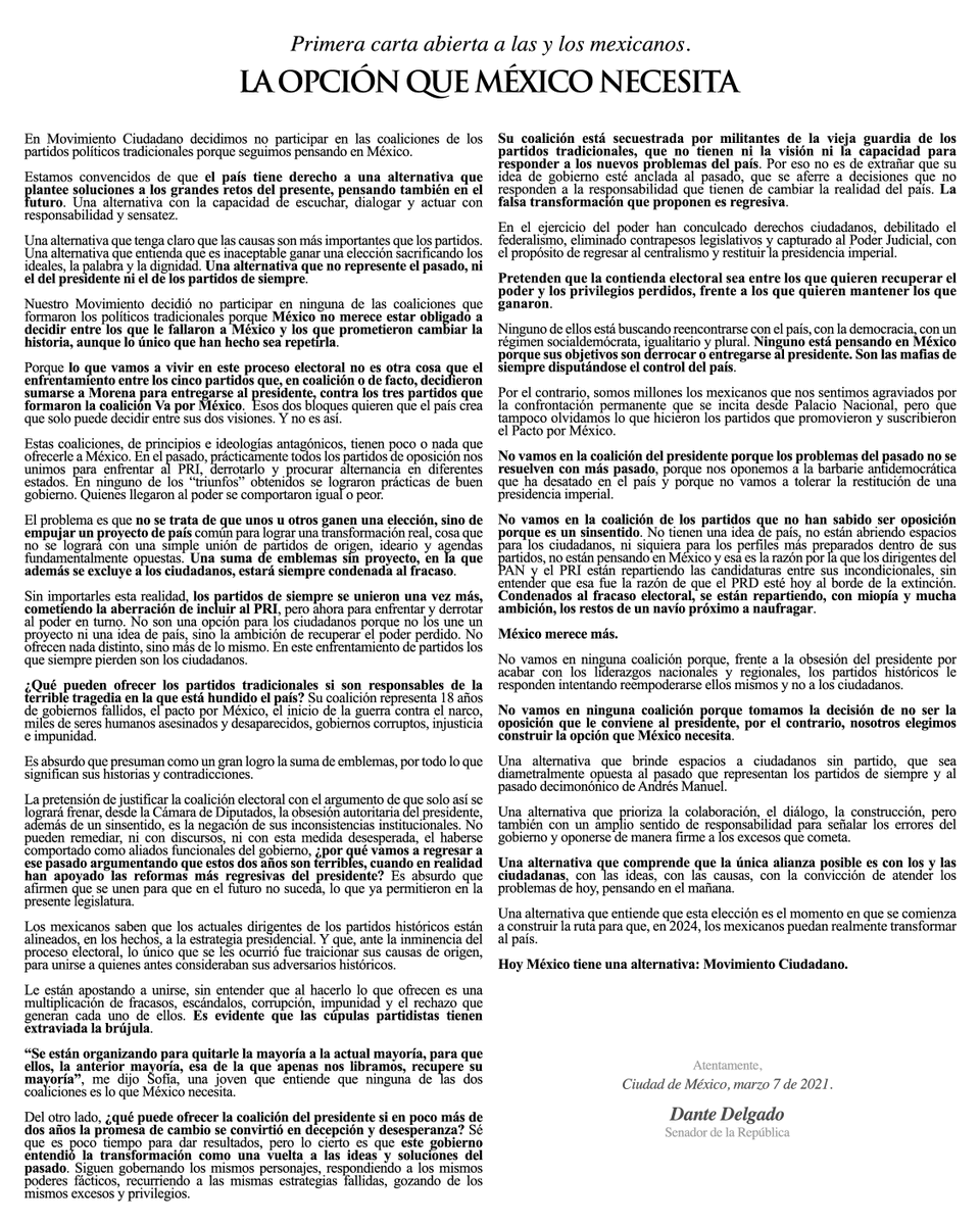 DanteDelgado's tweet photo. México no merece estar obligado a decidir entre los que le fallaron al país y los que prometieron cambiar la historia, aunque lo único que han hecho sea repetirla. 

Hoy México tiene una alternativa y es @MovCiudadanoMX. https://t.co/QiKY2P39DI