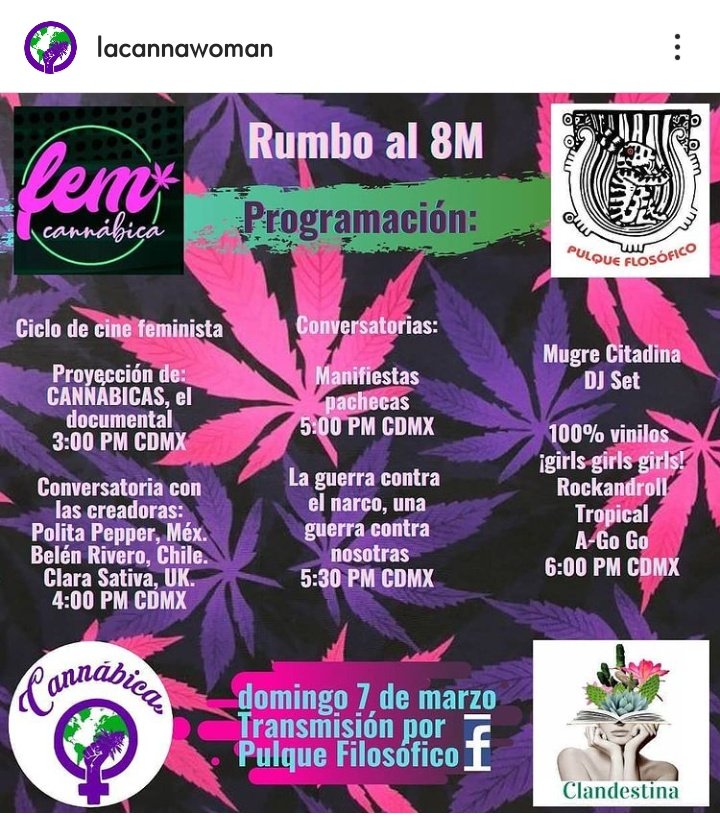 Este finde viene cargado de mujeres fuertes, con las cosas claras y, mucho que decir. 

Esta tarde: El grupo motor de <a href="/Cannabicas_Docu/">Cannábicas, El Documental</a> se reúne junto a <a href="/PulqueFeminista/">Pulques Feministas</a> para las conversatorias: "Manifiestas Pachecas" y "La guerra contra el narco, una guerra contra nosotras".
