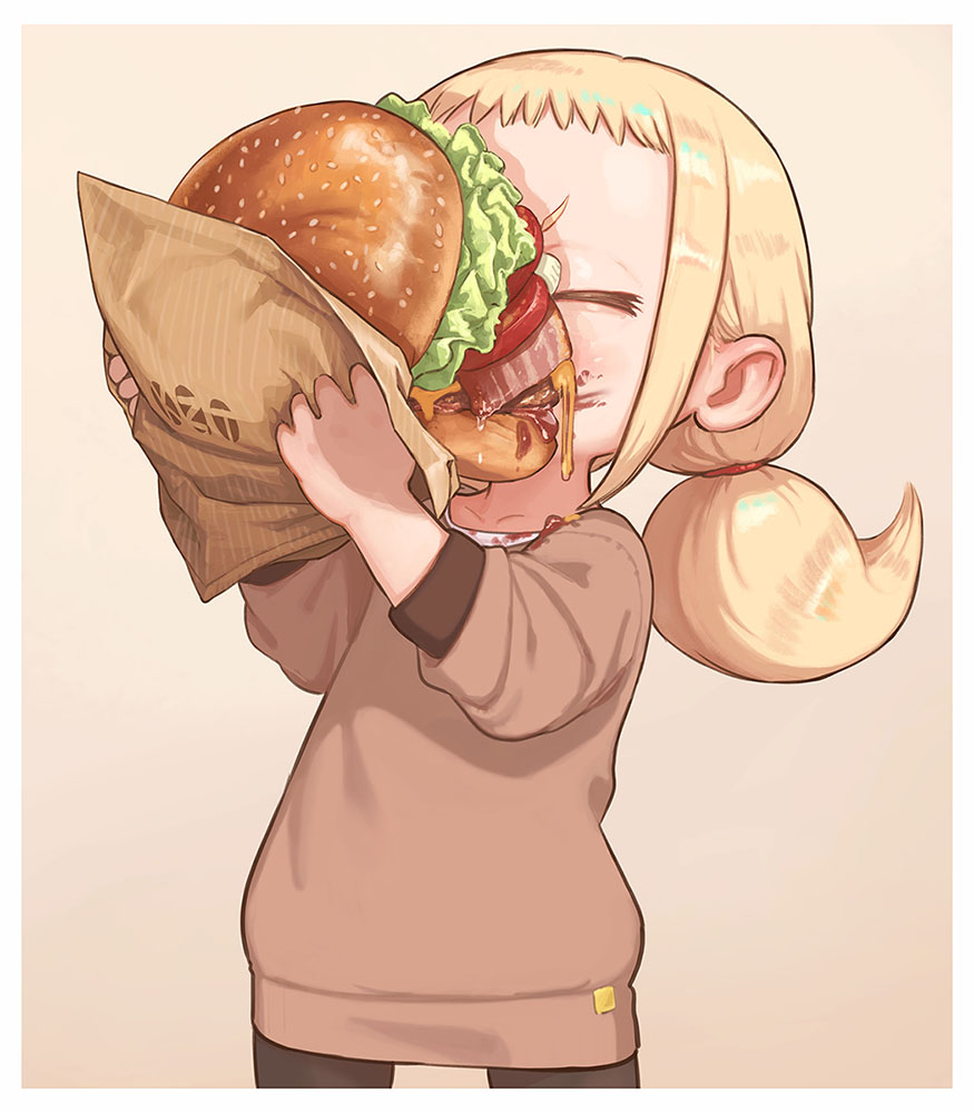 1girl food burger female child solo blonde hair twintails  illustration images