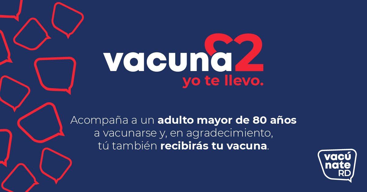 SNSRDO's tweet image. Desde #VacúnateRD queremos reconocer las muestras de solidaridad. Por eso hoy damos
inicio a "Vacuna2: Yo te llevo❤".
Es momento de devolver a nuestros adultos mayores todo lo que han hecho por nosotros.

¡Lleva a un adulto mayor de 80 años a vacunarse y vacúnate tú también!