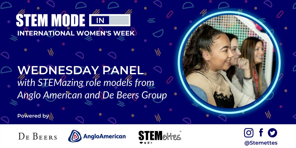 Stemettes's tweet image. STEM MODE IN! 
🎉
In celebration of #InternationalWomensDay we will be hosting a Wednesday panel with role models from @AngloAmerican and @debeersgroup! 

🔵 Ages 12+
📅 10 March 21, 16:30-17.30 GMT

⏩ eventbrite.co.uk/e/stem-mode-in…

#STEMModeIn
#IWD2021