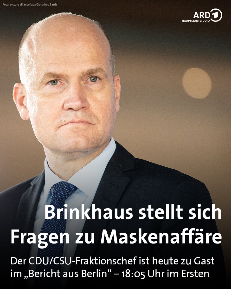 Heute Abend im #BerichtausBerlin: Unions-Fraktionschef <a href="/rbrinkhaus/">Ralph Brinkhaus</a> stellt sich den Fragen von <a href="/TinaHassel/">Tina Hassel</a> – um 18:05 Uhr <a href="/DasErste/">Das Erste</a>.