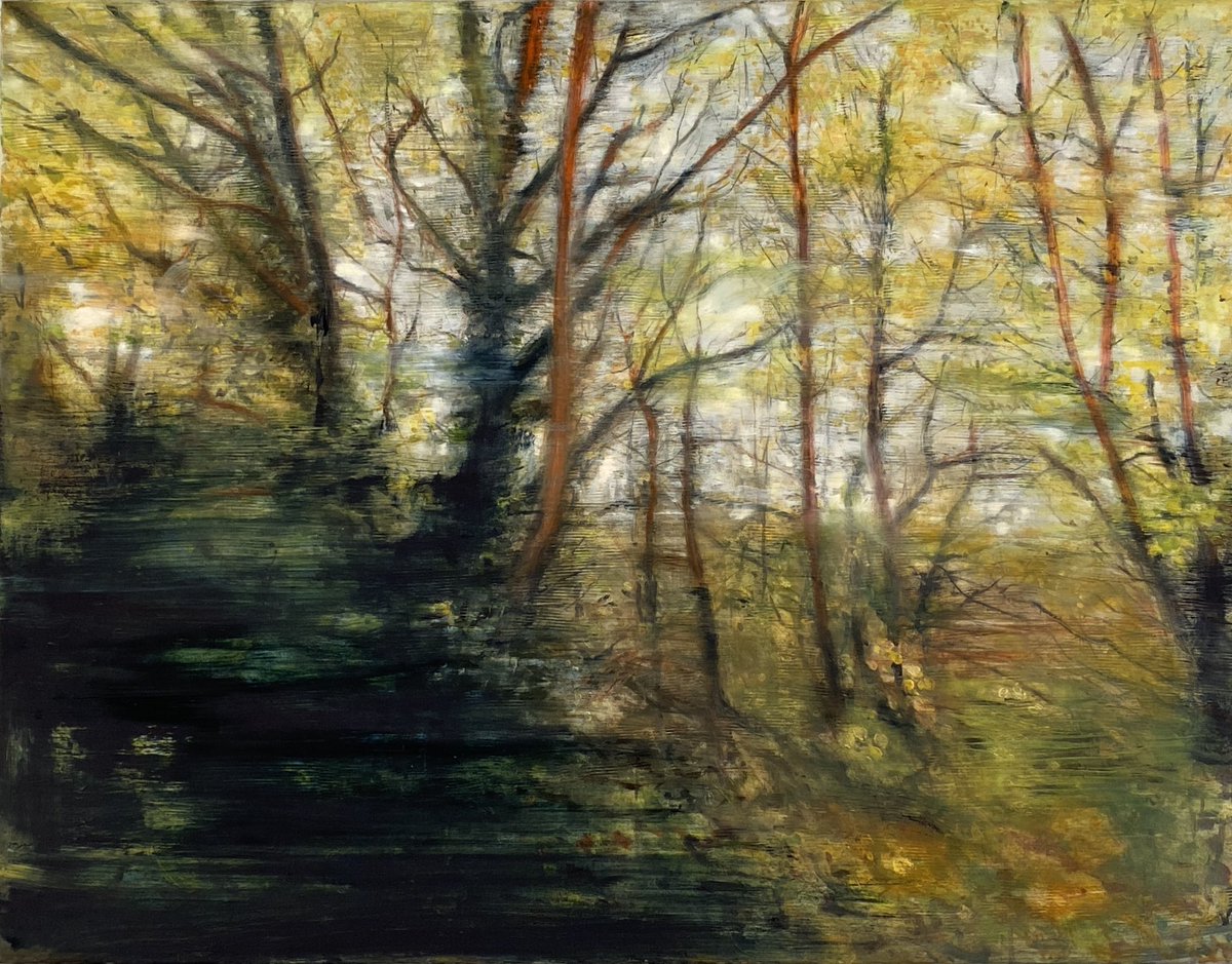 Through The Trees, Daily Walk 2021 
71 x 92cm 

Oil and Wax on Silk over Canvas 
#art #Dailywalks #Derbyshire #landscape #oils #painter
