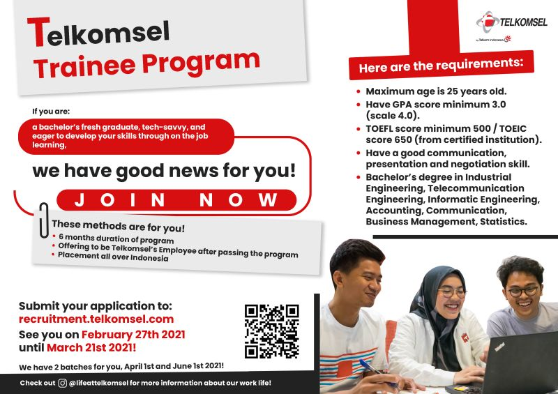 OPPSforID's tweet photo. Telkomsel Trainee Program

Details: https://t.co/QPUNtJyiGr

#OPPORTUNITIESforID #LifeatTelkomsel #TelkomselTraineeProgram #OpenRecruitment #Hiring #JobVacancy #Loker https://t.co/rmzUH1coKY