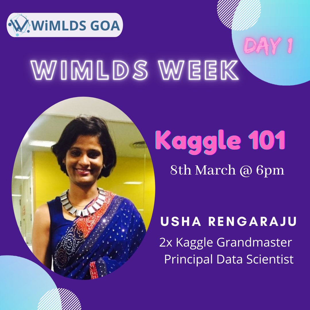 WiMLDS Week Day 1:-
Hear from the grandmaster herself what kaggle is all about and how you can use it to enhance your data science skills.
Join us on 8th March@6pm IST.
Link to event->meetup.com/Panaji-Goa-wim…

For all updates check out->wimldsgoa.github.io