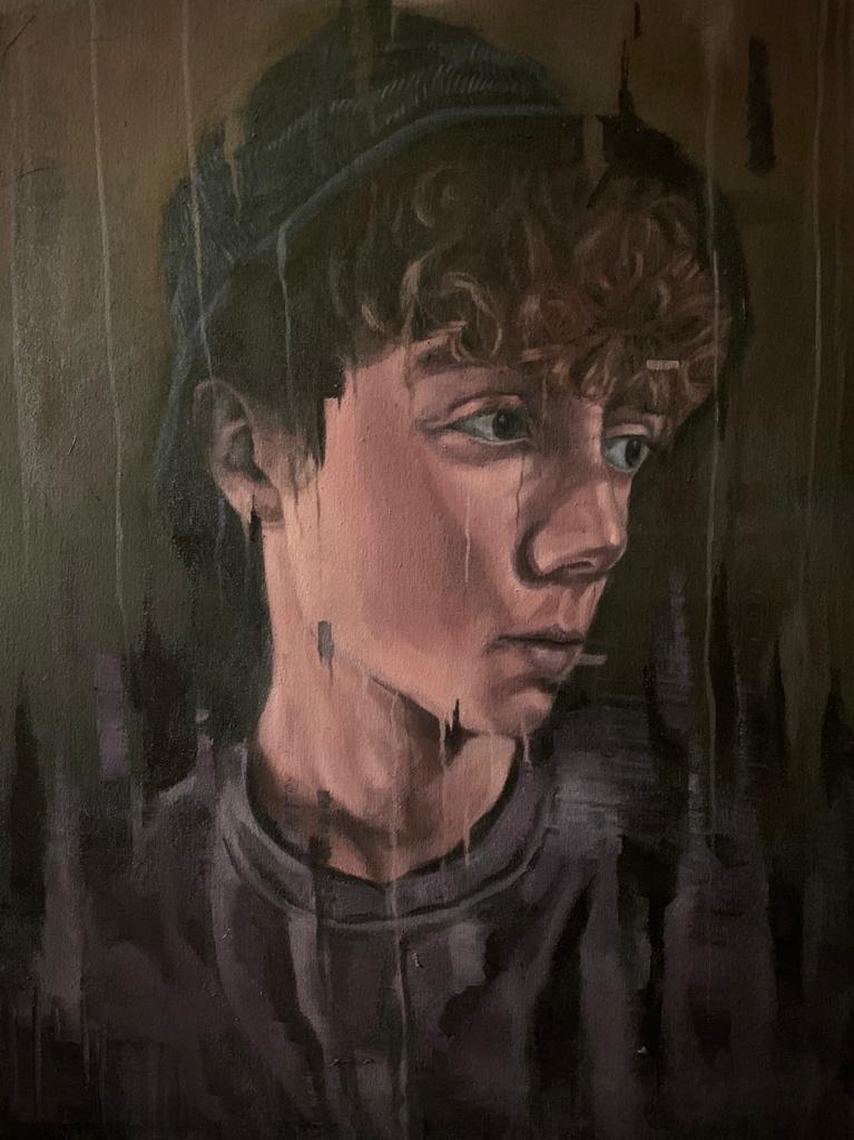 NickyCooper14's tweet photo. Max's latest oil painting, love the thoughtful expression. @ArtDesignCHS #OneCHS https://t.co/KuBcJkc4fq