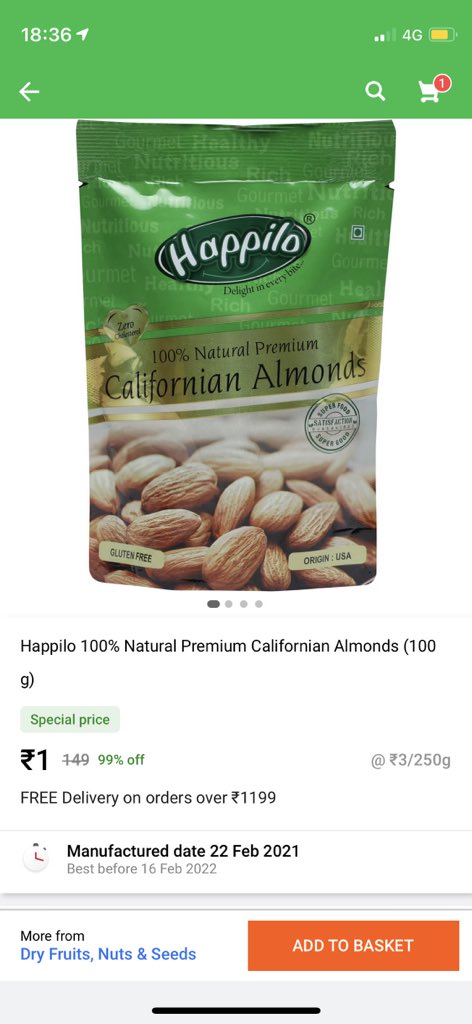 adityakalra's tweet photo. That’s an interesting Walmart’s Flipkart (left) vs Amazon (right) battle. Rs. 1 (0.014 USD) for almonds, at what Flipkart says is a 99% discount! #IndiaEcommerce #IndiaRetail https://t.co/r9ZO3sj6AJ