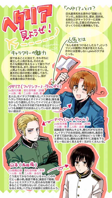 ヘタリアのキャラ紹介です
聞いたことあるけどよく知らんな...って人もキャラだけでも覚えて帰ってくれ〜! 