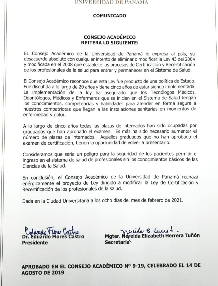 eflorescastro's tweet image. Como Rector de la Universidad de Panamá, manifiesto mi desacuerdo con la resolución del MINSA que rebaja el puntaje de aprobación en el examen de certificación básica en medicina. Como país debemos apuntar en aumentar la calidad de todos nuestros profesionales y no en disminuirla