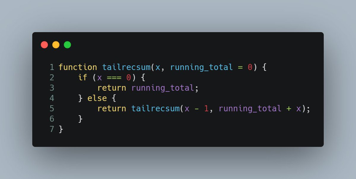 FredMa7153's tweet image. I would recommend looking at #tailrecursion . It's more like a loop, building from bottom-up. Regular recursion is usually top-down.
stackoverflow.com/a/37010
Of course, only Safari supports Tail Call Optimization.
stackoverflow.com/a/37224563