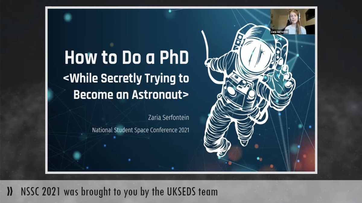UKSEDS's tweet photo. Wondering if you should do a PhD if you dream of becoming an astronaut? Well tune in to #NSSC2021 Stream 1 to hear @leonidasfyt team lead Zaria’s talk on this and her research into solving the space debris problem!🎓👩‍🚀

Join us here: https://t.co/gdrgeOkj41 https://t.co/u7fm1DUyMw