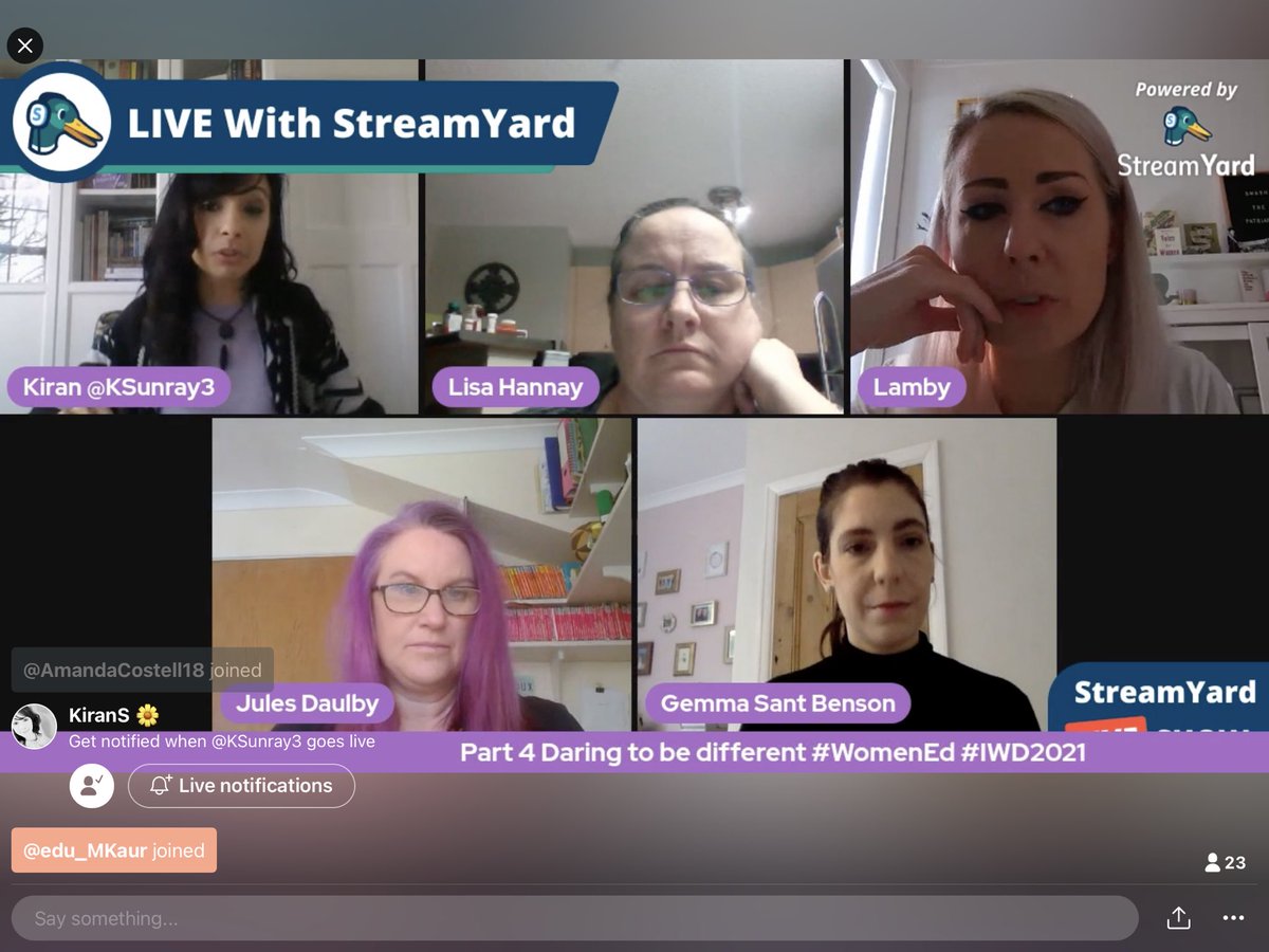 Woohoo, great discussion now with <a href="/lamb_heart_tea/">LambHeartTea (she/her)</a> <a href="/GemmaSB1/">Gemma Sant</a> and our own @lhannay1 and <a href="/JulesDaulby/">Jules Daulby</a> - with purple hair in honour of #IWD2021 <a href="/WomenedBookclub/">WomenEd Bookclub</a> and #WomenEd 🥳🥳🥳