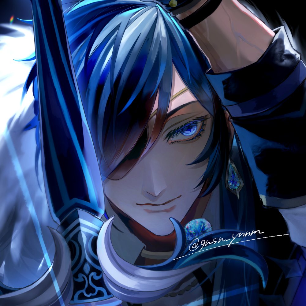 kaeya (genshin impact) 1boy eyepatch male focus solo blue eyes weapon blue hair  illustration images