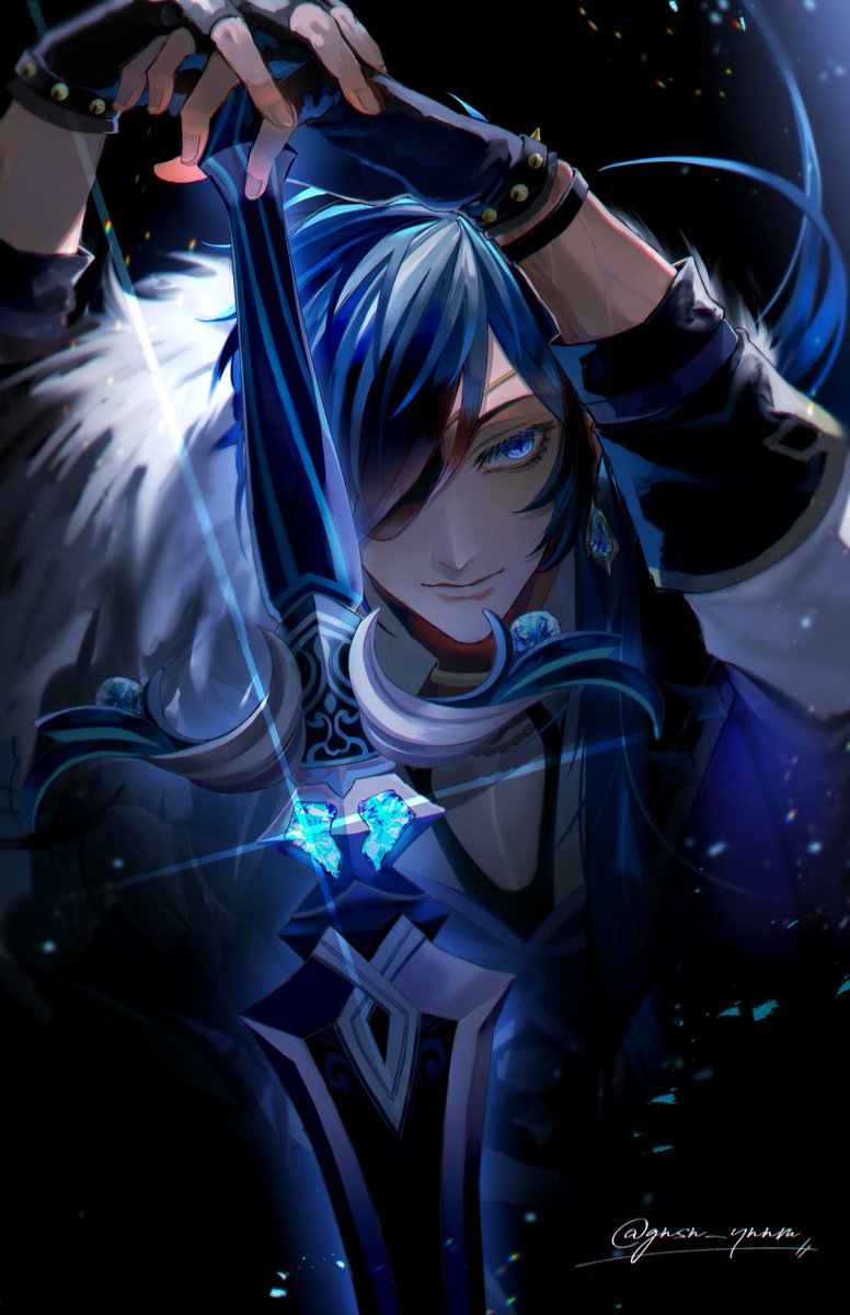 kaeya (genshin impact) 1boy eyepatch male focus solo blue eyes weapon blue hair  illustration images