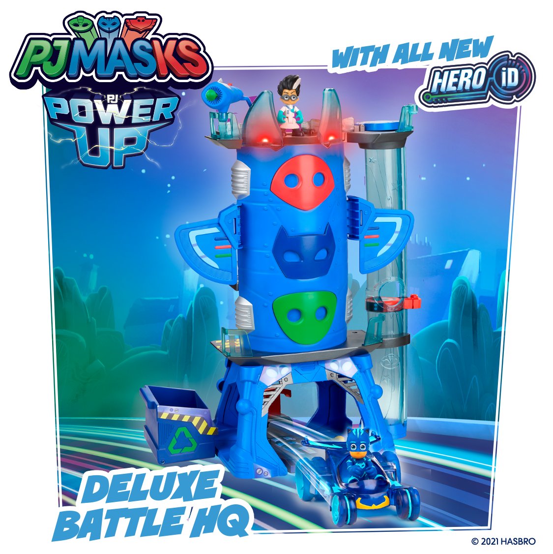Hasbro's tweet photo. It’s time to be a hero! Hasbro’s new PJ Masks playsets and vehicles power up play with HERO ID technology! HERO ID responds to hero and villain figures from the Hasbro line with character-specific lights &amp; sounds! Available 8/1 at most major retailers. @PJMasks #Hasbro #eOne https://t.co/wSXJFb9dfr