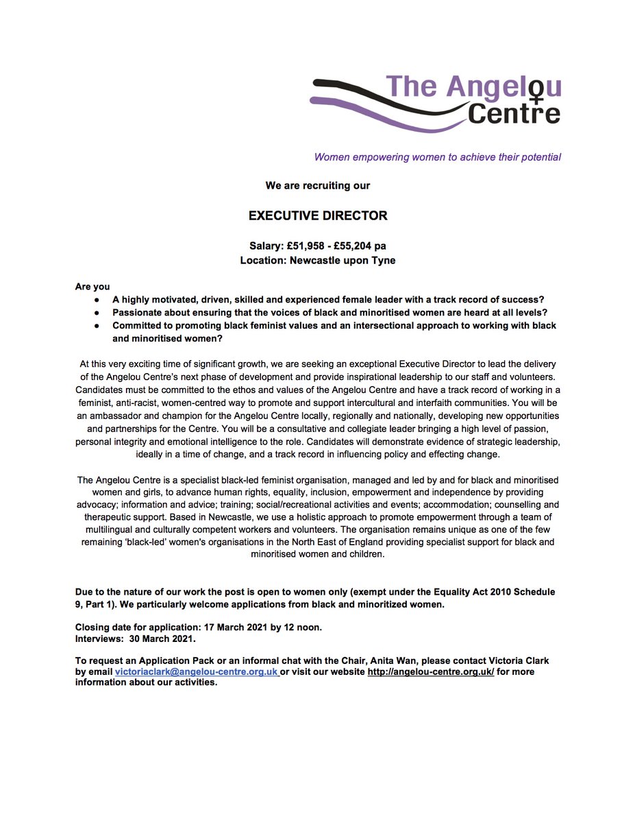 A reminder about this wonderful opportunity <a href="/AngelouCentre1/">AngelouCentre</a> has gone from strength to strength over the past 30 years and we're looking for an inspirational black feminist leader to take forward the next exciting era of the centre!