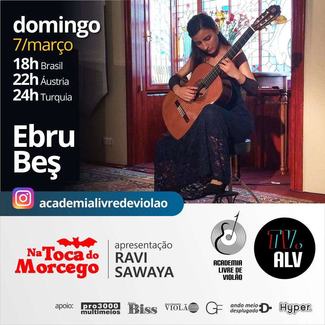AcademiaLViolao's tweet photo. Hoje na TV da Academia Livre de #Violão, teremos às 18h (horário de Brasília) o programa Na Toca do Morcego, com o prof. Ravi Sawaya entrevistando a #violonista Ebru Beș. Acesse https://t.co/wxO5bLHAfS. #musica #tvalv #musicainstrumental #entrevista #live #academialivredeviolao https://t.co/CQSxqoXjm6