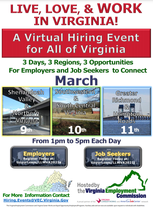 Live, Love, & Work in Virginia is in 2 days! Register to participate! Uploading a resume is encouraged vec.virginia.gov/node/12712 #VAJobs #virtual #statewide