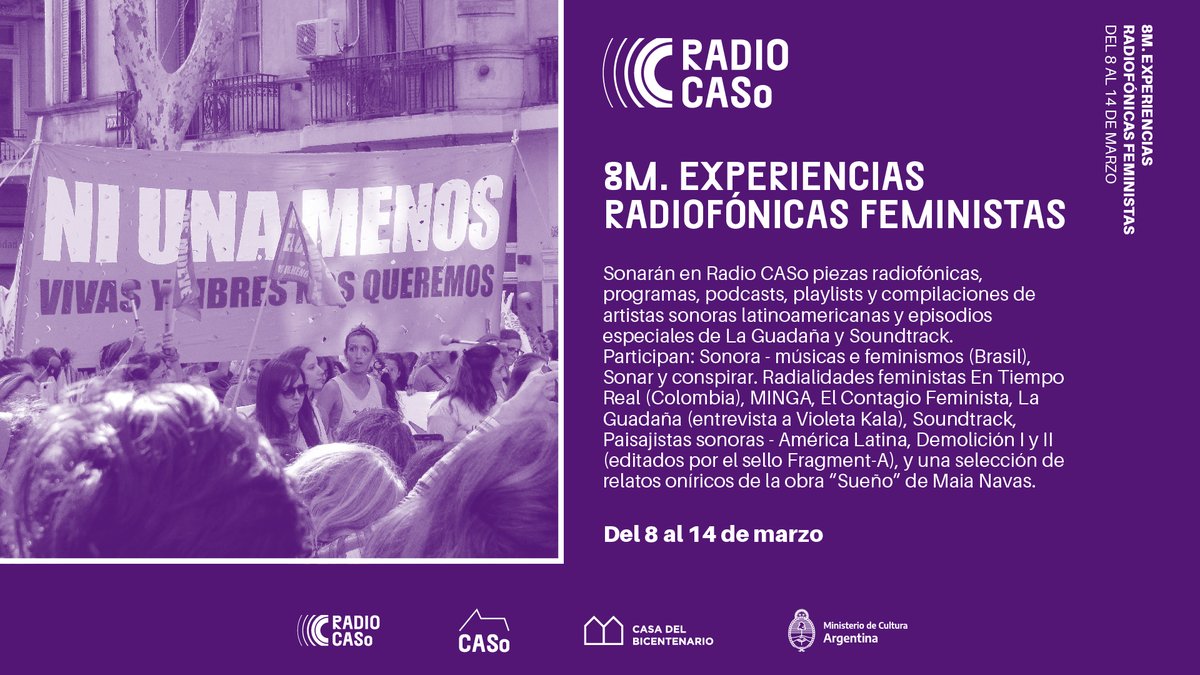 CASoCNB's tweet photo. 8M. Experiencias radiofónicas feministas. Del 8 al 14 de Marzo!!!!!!
Durante la semana del 8M, sonarán por Radio CASo piezas radiofónicas, programas, podcasts, playlists y compilaciones de artistas sonoras latinoamericanas y episodios especiales.
📻💥https://t.co/lYn55SBqJd https://t.co/CdrCGpmjre