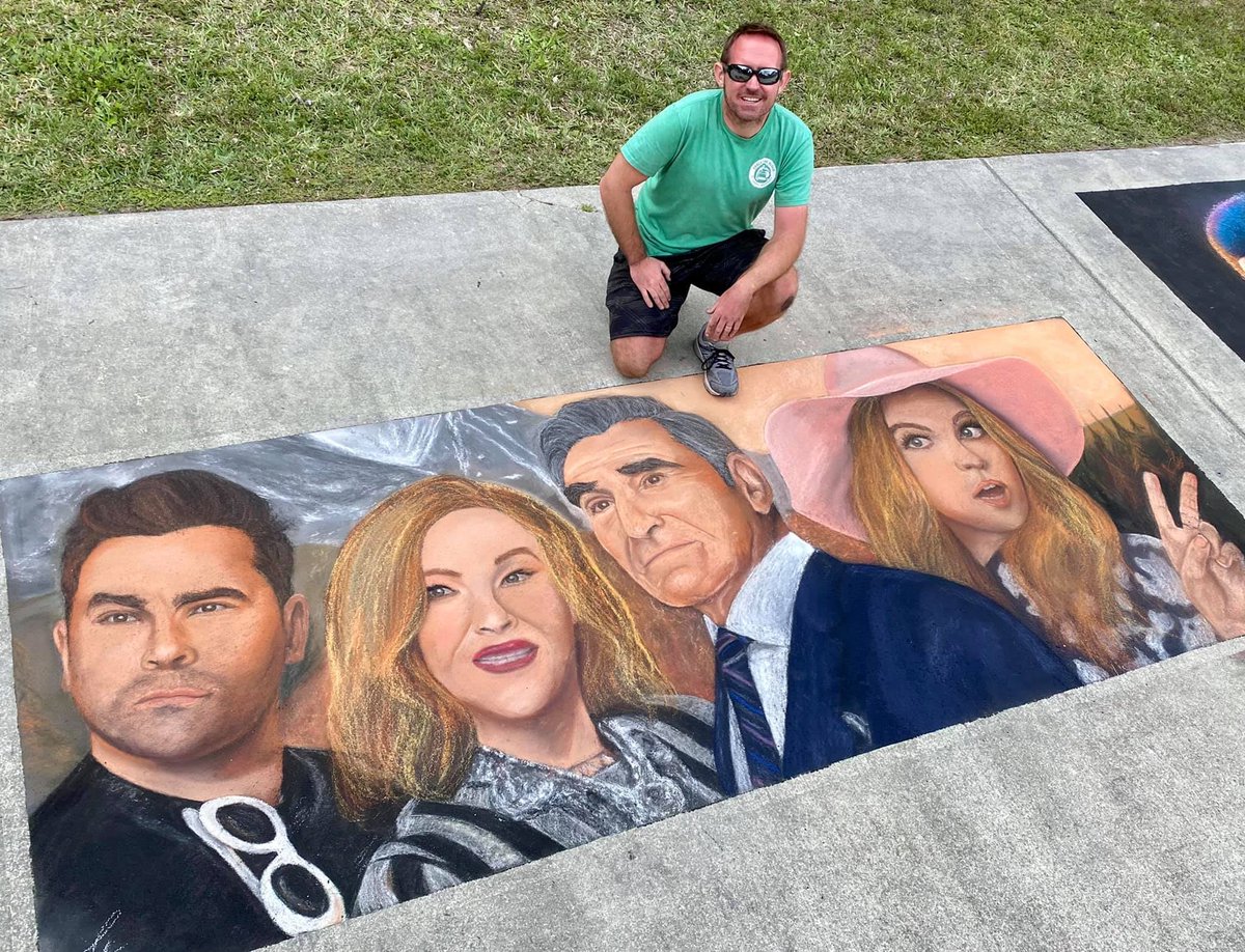 ChalkFest's tweet photo. The Cast of “Schitt’s Creek” showed up at the Virtual LWSPF this year. We want to thank the ever-so-talented " The Chalking Dad " Erik Greenawalt. We also want to thank The City of Lake Worth Beach for their Sponsorship. 
#lakeworthstreetpaintingfestival
#streetpaintingfestival https://t.co/zzhdrYRUhw