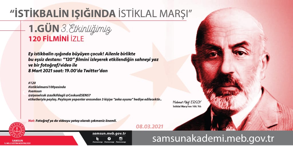 samsunmem's tweet photo. 1915 Ocak ayı, sınıra cephane taşıma görevini, 12-17 yaşları arasındaki 120 kahraman çocuk üstlenir. Ey istikbalin ışığında büyüyen çocuk! Şimdi, istiklal ruhunu yaşatma ve yaşama zamanıdır.120 filmini izle en çok etkilendiğin sahneyi paylaş hediyeni al. #İstiklalMarşı100yaşında https://t.co/TL2ZO6gCdM