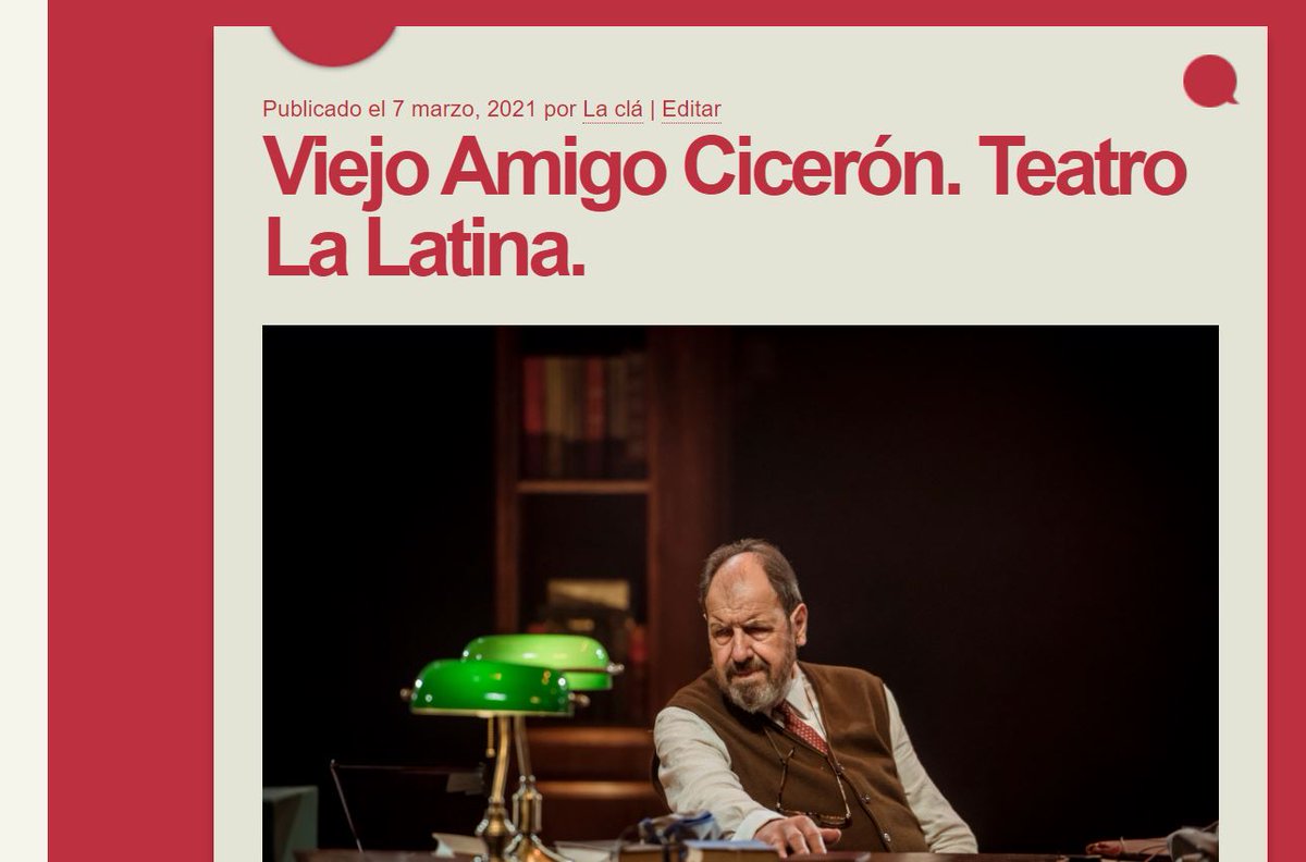 <a href="/Ernesto__C/">Ernesto Caballero</a> ha escrito una pieza de #teatrodidáctico trayendo pasado a la política actual. #JoséMaríaPou regala su gran oratoria en los parlamentos de #ViejoAmigoCicerón en <a href="/TeatroLaLatina/">Teatro La Latina</a> . Bien acompañado por <a href="/MariaCirici/">maria cirici</a> <a href="/abordanove/">Alejandro Bordanove</a> 
Crítica teatral lacla.es